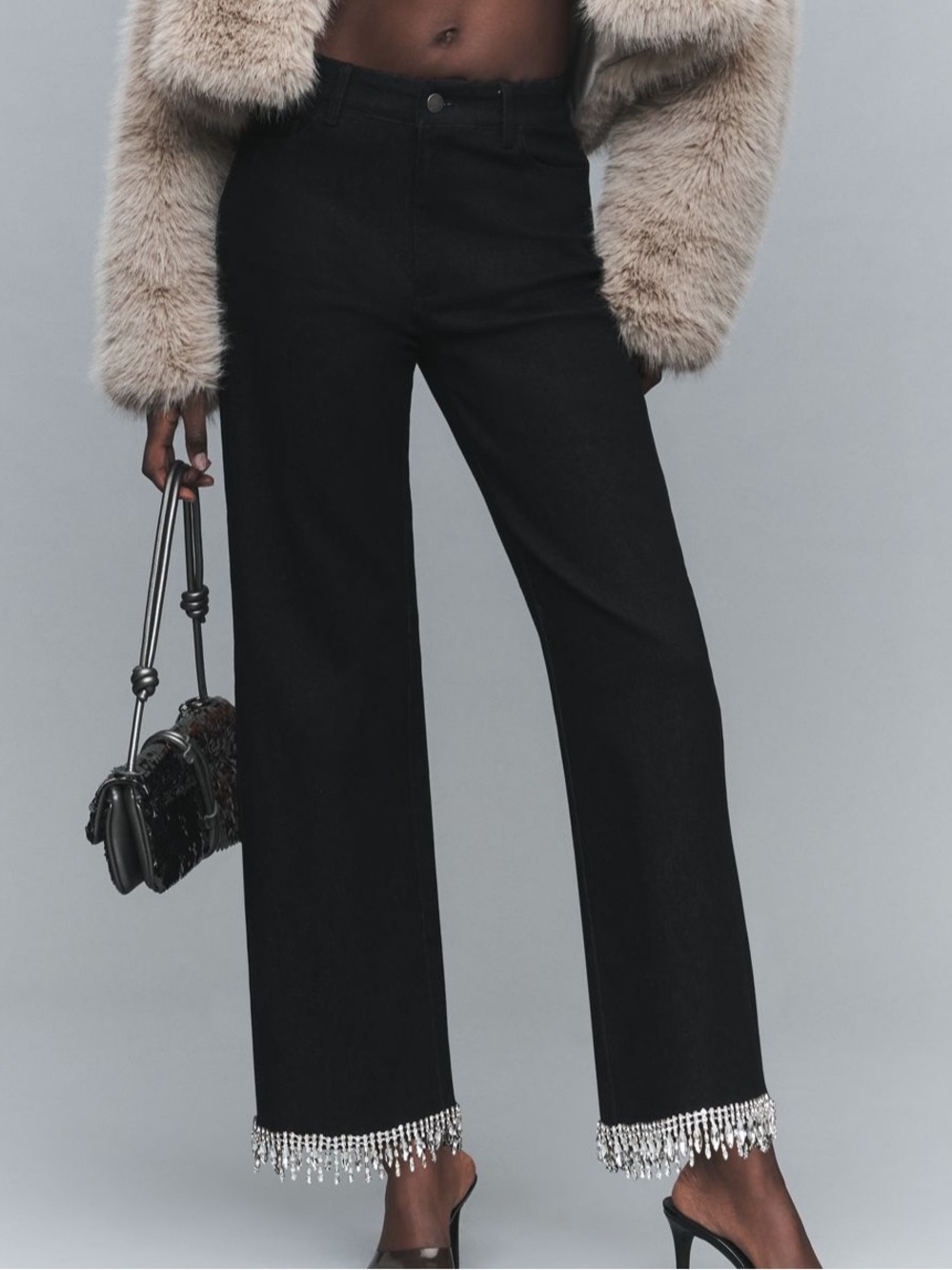En Saison Leah Rhinestone High-Rise Black Wide-Leg Jeans BeadHem XSP XS Petite